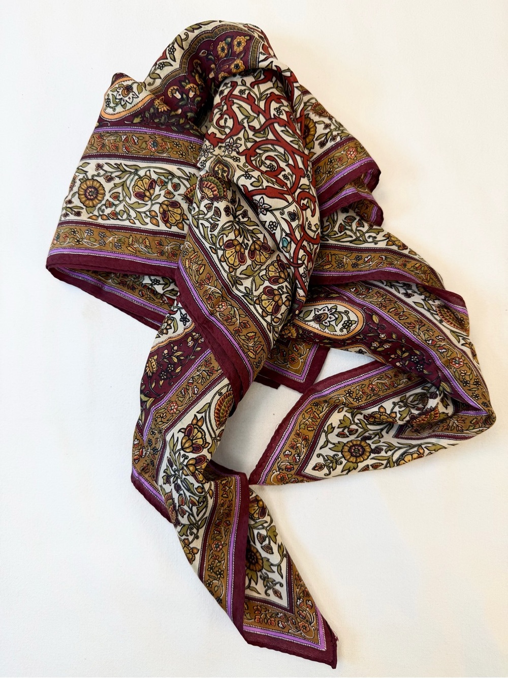 Classic Floral Border Silk Scarf in Burgundy and Cream